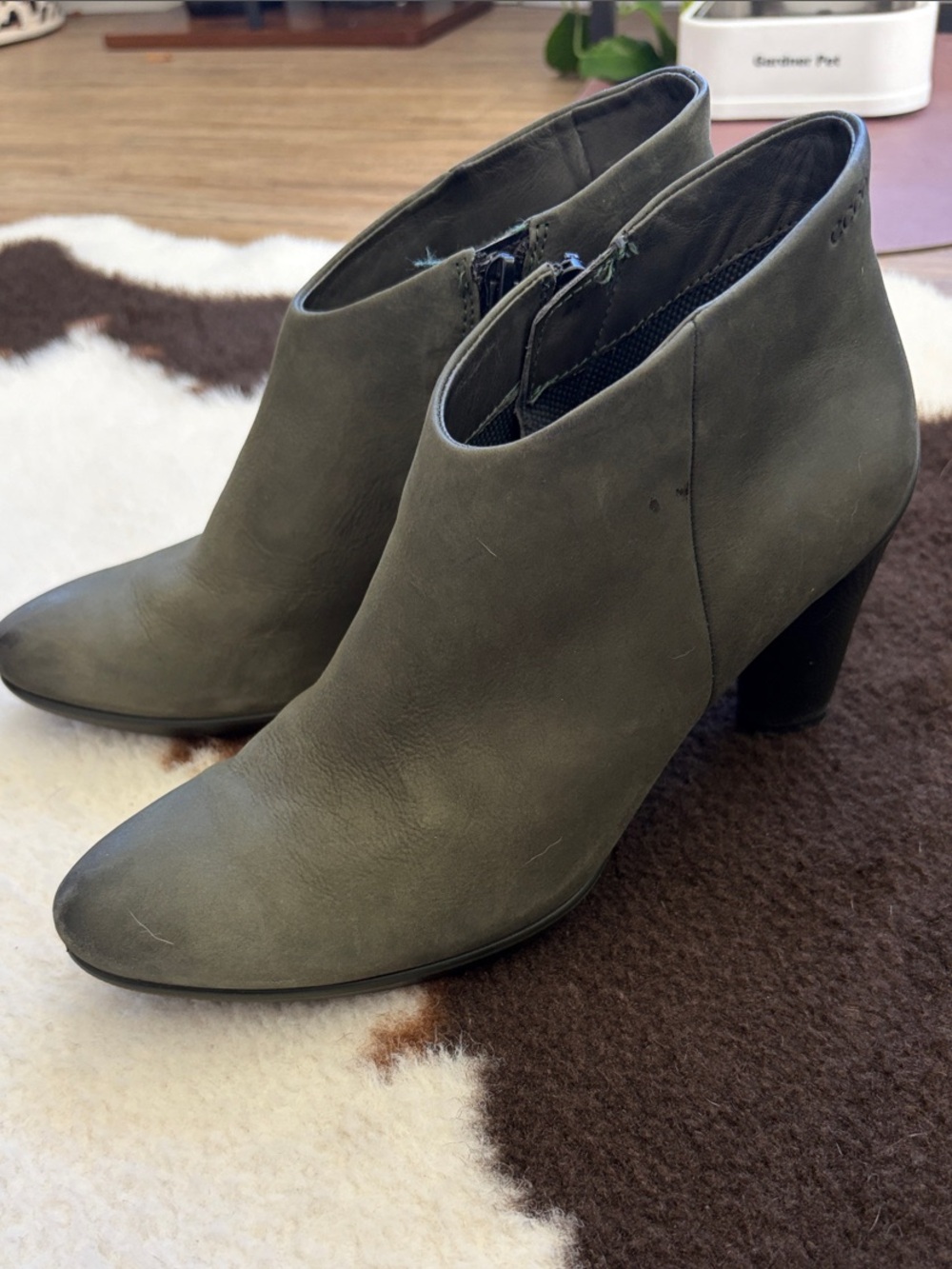 Ecco Olive Green Leather Ankle Booties with Block Heel